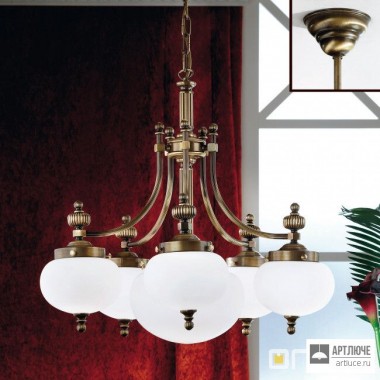 Orion LU 1320 5+1 Patina 328, 329 opal matt — Потолочный подвесной светильник Wiener Nostalgie Chandelier, 5+1 lamps, antique brass finish, downwards, matt opal glasses